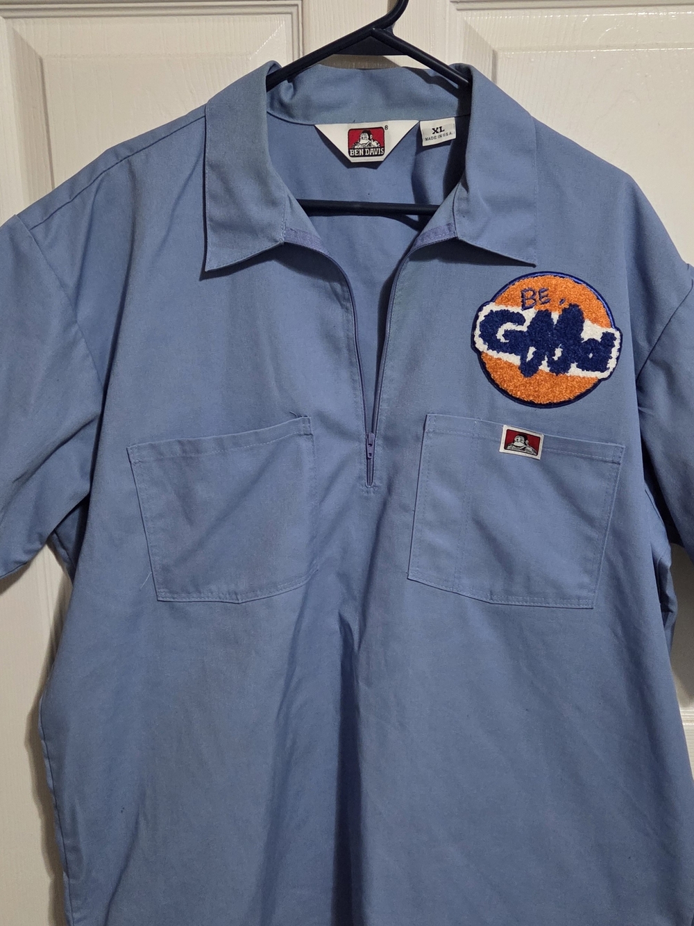 Ben Davis Light Blue Short-Zip Work Shirt with Orange Patch